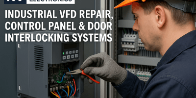Technician repairing a Variable Frequency Drive (VFD) inside an industrial control panel at KV Computer & Electronics, specialists in VFD repair, control panel design, and door interlocking systems.