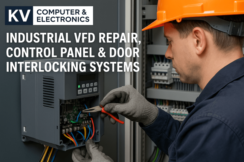Technician repairing a Variable Frequency Drive (VFD) inside an industrial control panel at KV Computer & Electronics, specialists in VFD repair, control panel design, and door interlocking systems.